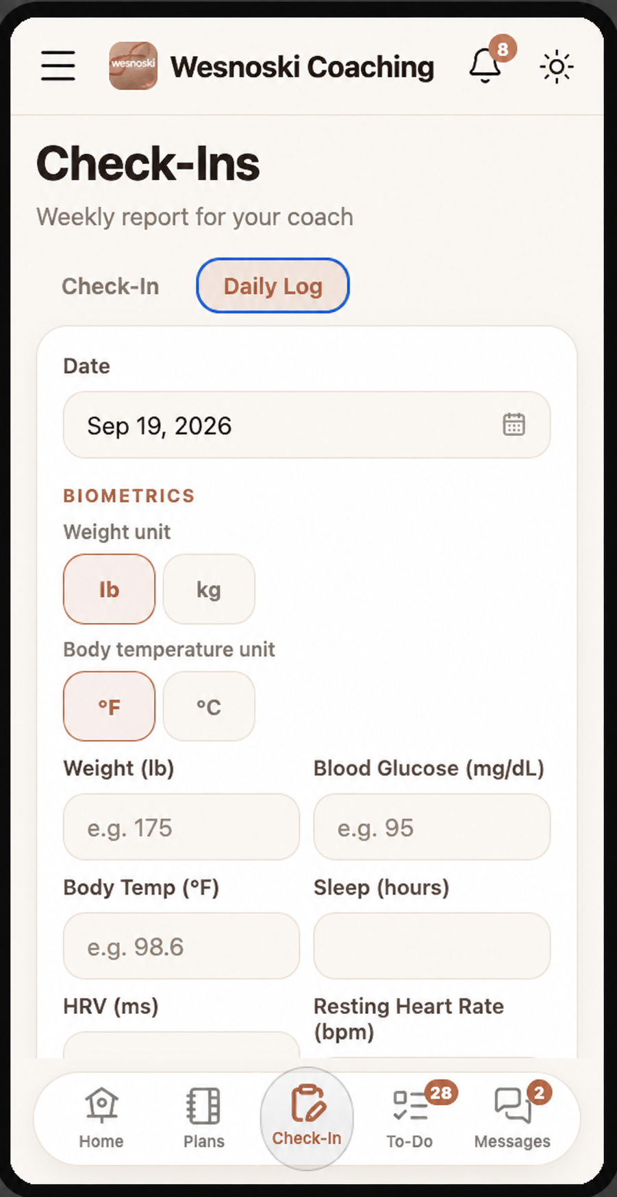Daily biometrics check-in form