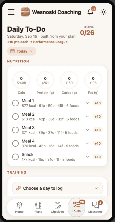 Daily meal and training checklist