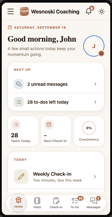 Wesnoski Coaching app home dashboard